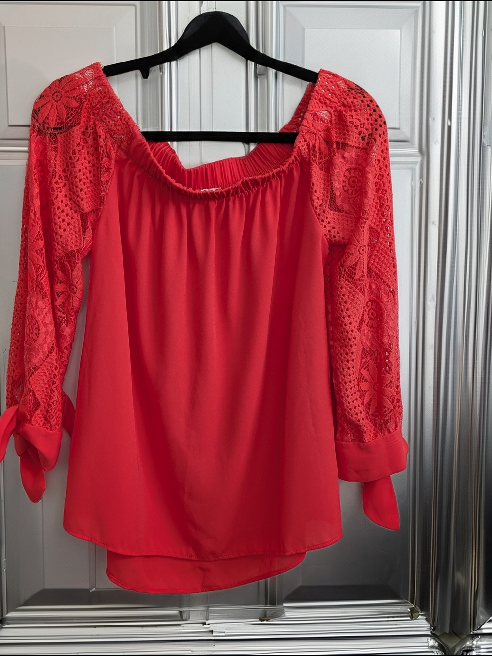 Women’s Off-Shoulder Red Crochet Sleeve Blouse
